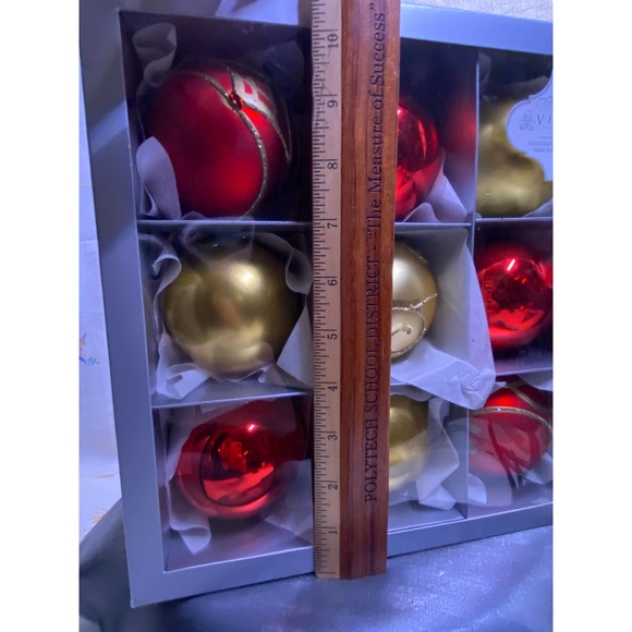 Set of Nine (9), Vitbis Glass Christmas Ornaments 3 in. round, New In Box. - Picture 10 of 11